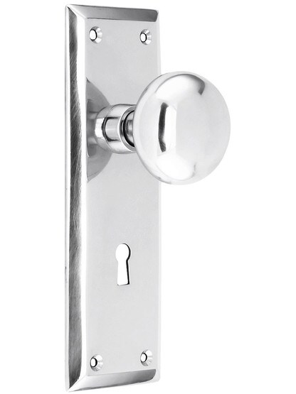 New York Mortise Lock Set With Round Brass Knobs in Polished Chrome.